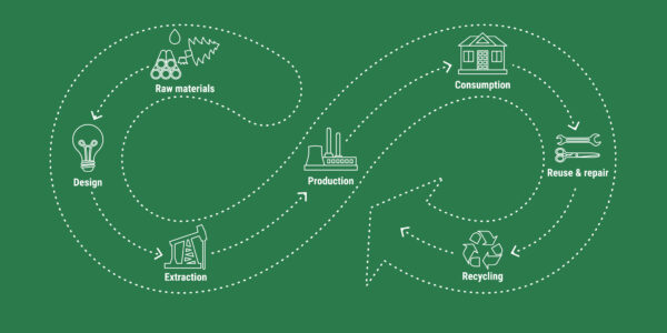Circular economy line infographic in infinity loop on green background. Sustainable business model. Scheme of product life cycle from raw material to recycling. Flat line vector illustration