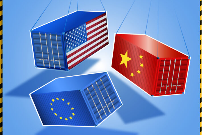 Chinese European and American Cargo Container with barricade tape illustrating the economic warfare and trade war