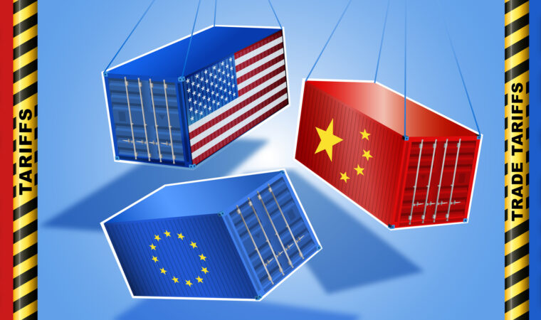 Chinese European and American Cargo Container with barricade tape illustrating the economic warfare and trade war